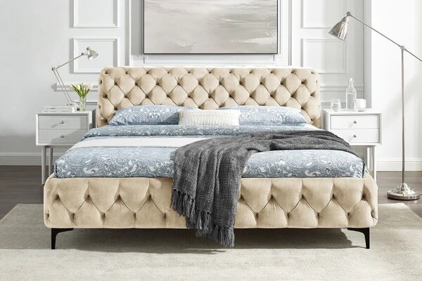 Glamour zamatová béžová manželská posteľ Modern Barock s čalúneným rámom a čelom s chesterfield prešívaním 235 cm