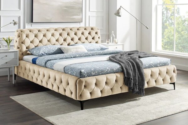Glamour zamatová béžová manželská posteľ Modern Barock s čalúneným rámom a čelom s chesterfield prešívaním 235 cm