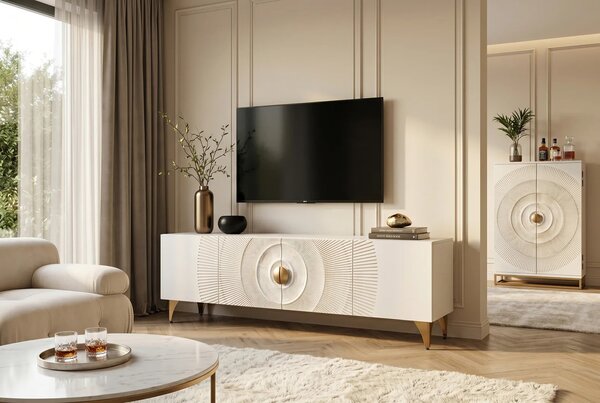 Dizajnový etno biely TV stolík Cumbria so štyrmi dvierkami so zlatými detailmi a reliéfom s motívom lúčov 180 cm