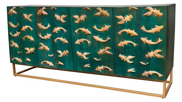 Dizajnový art-deco príborník Cumbria z tyrkysového mangového dreva so zlatým 3D dekorom rýb a kovovou podnožou 180 cm