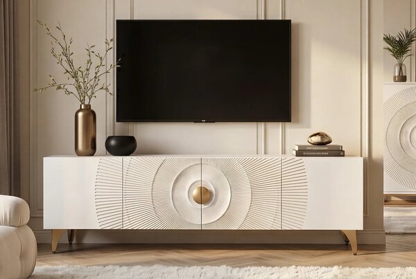 Dizajnový etno biely TV stolík Cumbria so štyrmi dvierkami so zlatými detailmi a reliéfom s motívom lúčov 180 cm