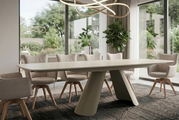 Moderný béžový jedálenský stôl Lutz s obdĺžnikovou rozkladacou doskou s dizajnom travertínu a kovovými nohami 160-240 cm