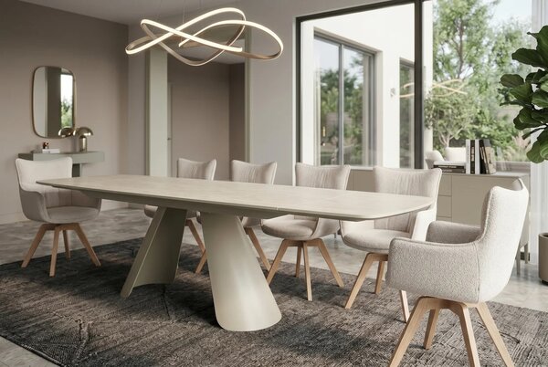 Moderný béžový jedálenský stôl Lutz s obdĺžnikovou rozkladacou doskou s dizajnom travertínu a kovovými nohami 160-240 cm