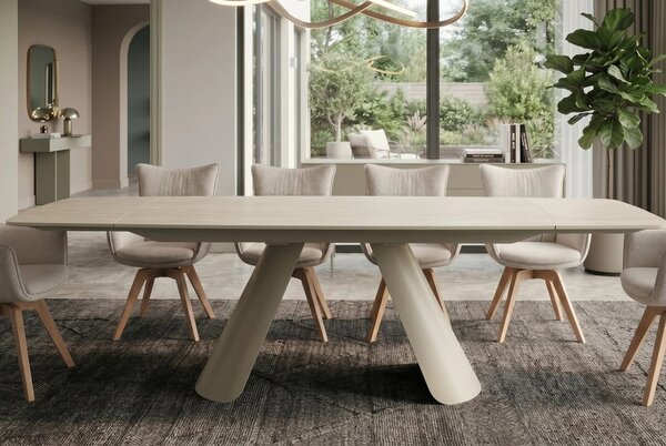 Moderný béžový jedálenský stôl Lutz s obdĺžnikovou rozkladacou doskou s dizajnom travertínu a kovovými nohami 160-240 cm