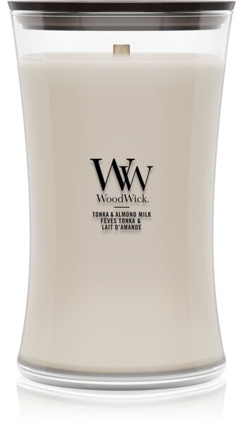 Woodwick Tonka & Almond Milk vonná sviečka s dreveným knotom 610 g