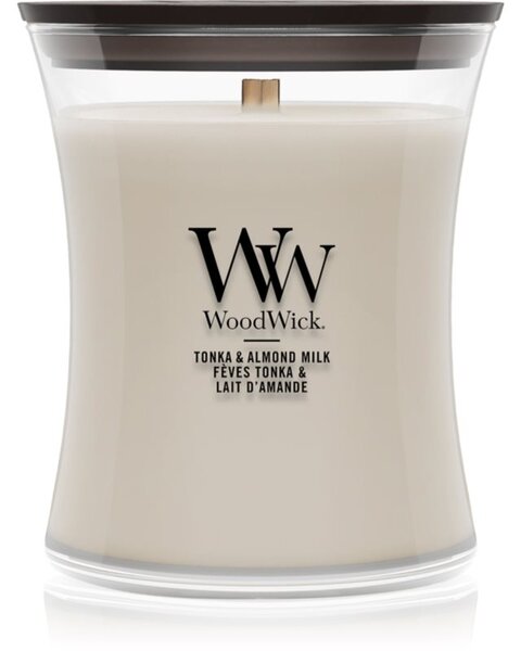 Woodwick Tonka & Almond Milk vonná sviečka s dreveným knotom 275 g