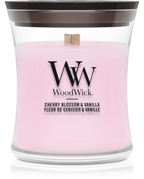 Woodwick Cherry Blossom & Vanilla vonná sviečka s dreveným knotom 85 g