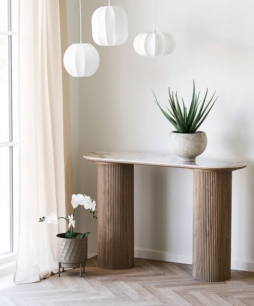 Béžový/v prírodnej farbe konzolový stolík s doskou v dekore mramoru 40x120 cm Athens – House Nordic
