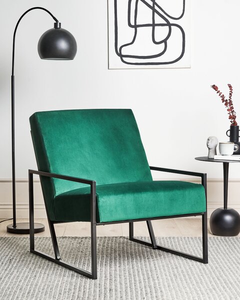 Kreslo zelené zamatové čalúnené čierny kovový rám moderná elegantná obývacia izba