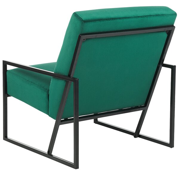 Kreslo zelené zamatové čalúnené čierny kovový rám moderná elegantná obývacia izba