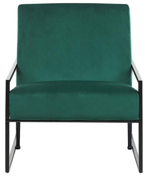 Kreslo zelené zamatové čalúnené čierny kovový rám moderná elegantná obývacia izba
