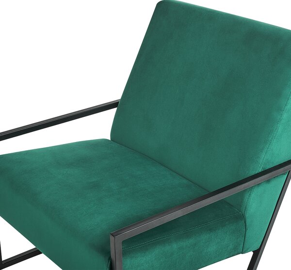 Kreslo zelené zamatové čalúnené čierny kovový rám moderná elegantná obývacia izba