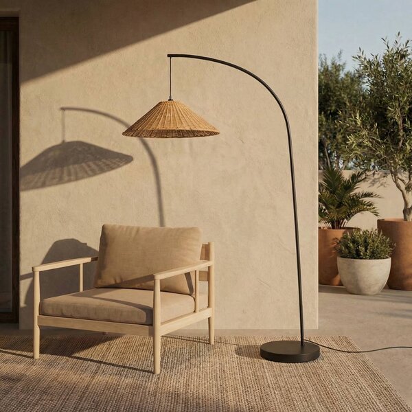 Lucande Vonkajšia lampa Taniola, kužeľovitá, ratan, 195 cm, IP44, Tmavé drevo, Drevo, Vidiecky / Rustikálny, Oblúková stojaca lampa