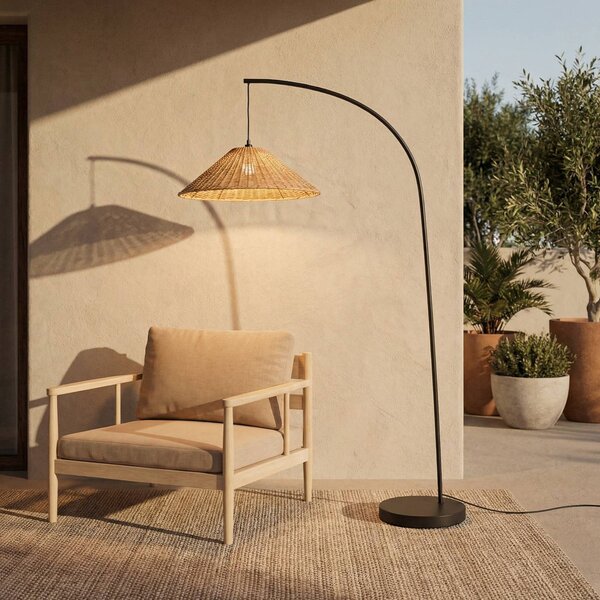 Lucande Vonkajšia lampa Taniola, kužeľovitá, ratan, 195 cm, IP44, Tmavé drevo, Drevo, Vidiecky / Rustikálny, Oblúková stojaca lampa