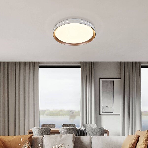 Stropné LED svetlo Saucer, biela/latka, Ø 39 cm, železo/akryl, Biela / opálová, Obývacia izba / jedáleň, kov, Moderný, Závesné svietidlo