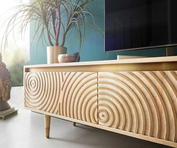 DELIFE TV stolík Budaya 220 cm mango prírodná 4 dvierka podstava okrúhla