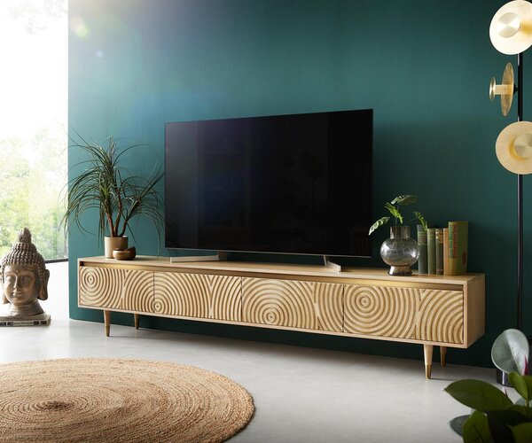 DELIFE TV stolík Budaya 220 cm mango prírodná 4 dvierka podstava okrúhla