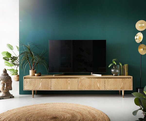 DELIFE TV stolík Budaya 220 cm mango prírodná 4 dvierka podstava okrúhla