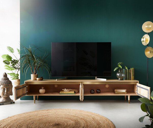 DELIFE TV stolík Budaya 220 cm mango prírodná 4 dvierka podstava okrúhla