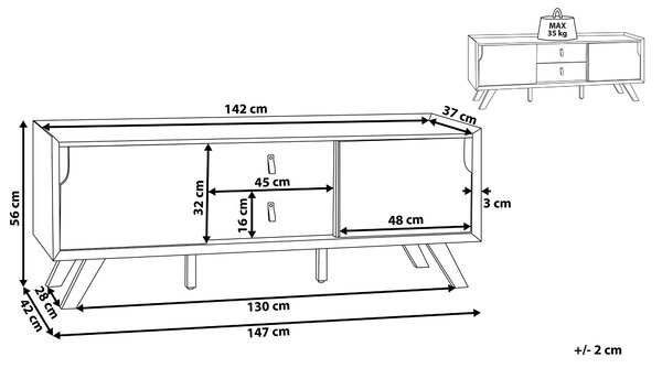 TV nábytok biela svetlá farba dreva MDF doska borovica imitácia kože 56 x 147 x 42 cm moderný elegantný multifunkčný 2 zásuvky obývačka