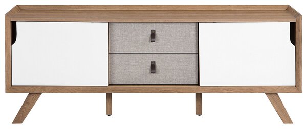TV nábytok biela svetlá farba dreva MDF doska borovica imitácia kože 56 x 147 x 42 cm moderný elegantný multifunkčný 2 zásuvky obývačka