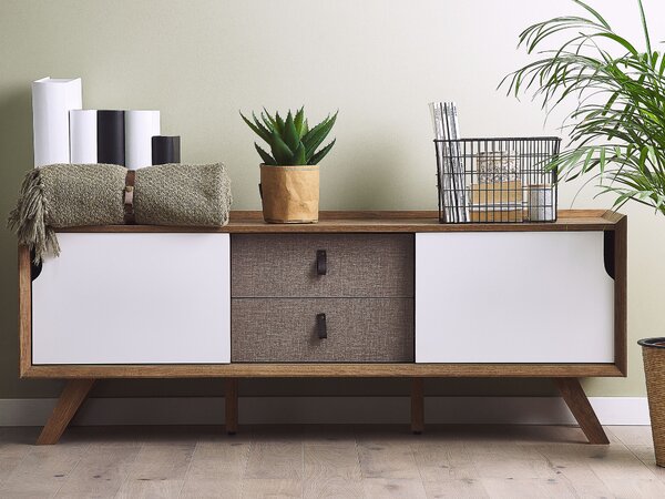 TV nábytok biela svetlá farba dreva MDF doska borovica imitácia kože 56 x 147 x 42 cm moderný elegantný multifunkčný 2 zásuvky obývačka
