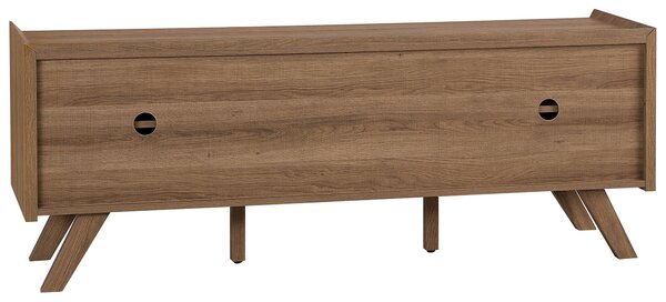 TV nábytok biela svetlá farba dreva MDF doska borovica imitácia kože 56 x 147 x 42 cm moderný elegantný multifunkčný 2 zásuvky obývačka