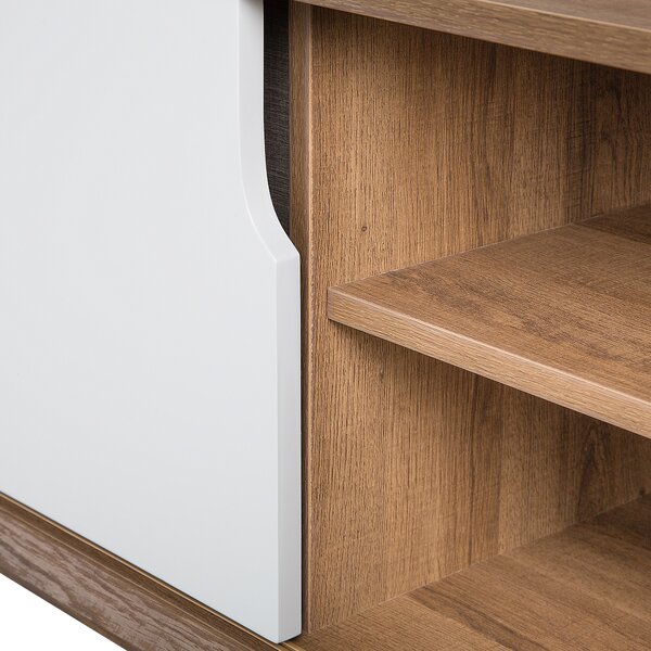 TV nábytok biela svetlá farba dreva MDF doska borovica imitácia kože 56 x 147 x 42 cm moderný elegantný multifunkčný 2 zásuvky obývačka