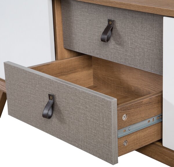 TV nábytok biela svetlá farba dreva MDF doska borovica imitácia kože 56 x 147 x 42 cm moderný elegantný multifunkčný 2 zásuvky obývačka