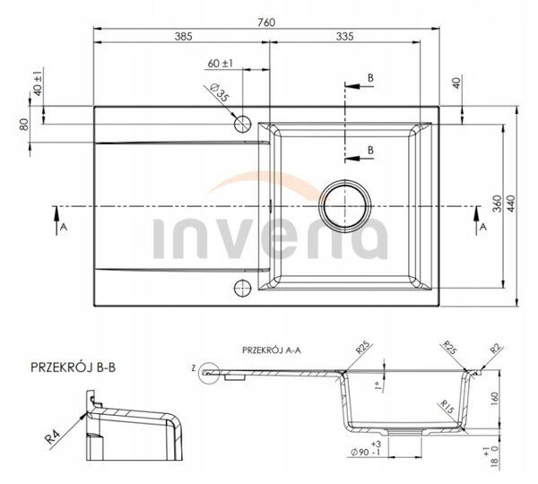 Invena Tesalia, 1-komorový granitový drez s odkvapkávačom 760x440x160 mm + zlatý automatický sifón, INV-AZ-01-Z43-B