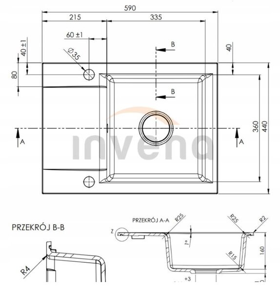 Invena Tesalia, 1-komorový granitový drez s odkvapkávačom 590x440x160 mm a zlatý automatický sifón, INV-AZ-01-Z42-B