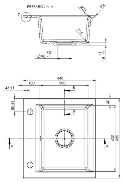 Invena Tesalia, 1-komorový granitový drez 440x480x160 mm a drezová batéria Glamour, čierna-zlatá, INV-AZ-01-Z41-SET