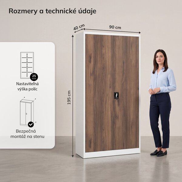 Kovová kancelárska skriňa na dokumenty biela / orech, 900x1950x400 mm: JAN H Eco Design