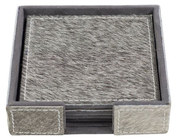 4 ks šedých hranatých podtáciek z hovädzej kože - 12 * 12 * 3cm / 10,5 * 10,5 * 0,5 cm - Mars & More