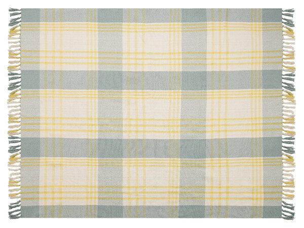 Deka žltá zelená bavlna 125 x 150 cm obdĺžnikový tvar kockovaný vzor prikrývka so strapcami boho štýl doplnky