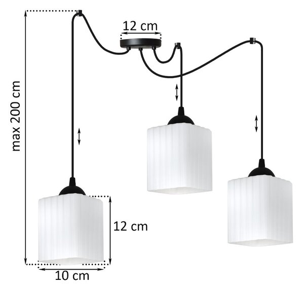 Závesné svietidlo Riffle Square Spider, 3x biele sklenené tienidlo, b