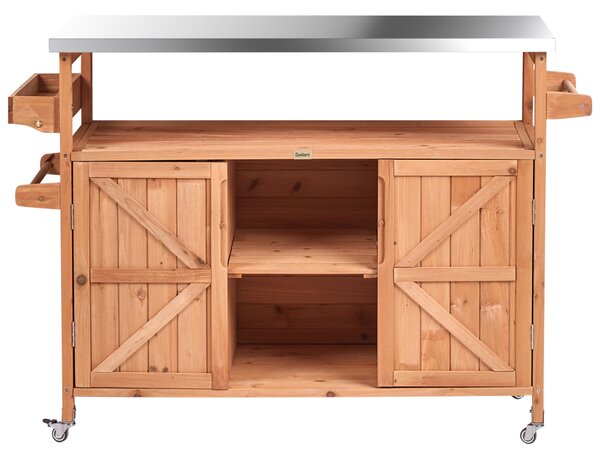 Záhradný kuchynský ostrovček hnedá jedľové drevo 128 x 47 x 85 cm otvorené police 2 dvere oceľová vrchná doska s kolieskami exteriér