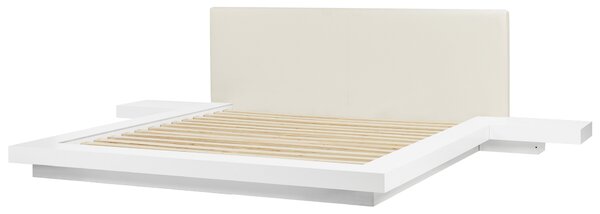 Posteľ v japonskom štýle biela 180 x 200 cm nízky drevený rám postele z MDF koženkové čelo nočné stolíky
