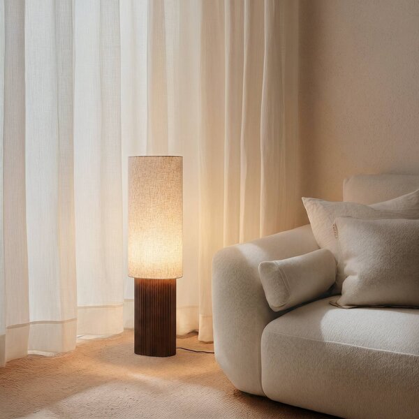 Lindby Stojacia lampa Kimiko, výška 100 cm, orechové drevo, textil, Tmavé drevo, Obývacia izba / jedáleň, Drevo, Škandinávsky, Stojaca lampa