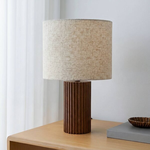 Lindby Stolová lampa Kimiko, výška 38 cm, orechové drevo, textil, Tmavé drevo, Obývacia izba / jedáleň, Drevo, Škandinávsky, Stojacie svietidlo