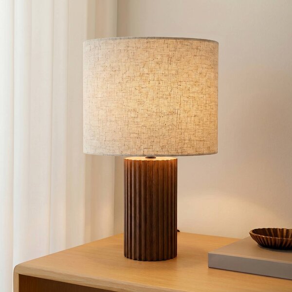 Lindby Stolová lampa Kimiko, výška 38 cm, orechové drevo, textil, Tmavé drevo, Obývacia izba / jedáleň, Drevo, Škandinávsky, Stojacie svietidlo