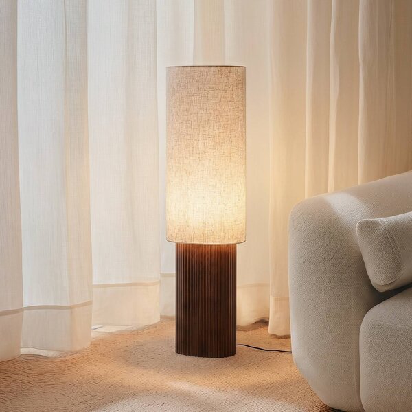 Lindby Stojacia lampa Kimiko, výška 100 cm, orechové drevo, textil, Tmavé drevo, Obývacia izba / jedáleň, Drevo, Škandinávsky, Stojaca lampa