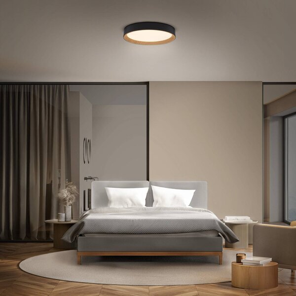 OSRAM Stropné LED svetlo ORBIS LARIOS, čierne/drevené, Ø 39 cm, stmievateľné, Čierna, Obývacia izba / jedáleň, kov, Moderný, Závesné svietidlo