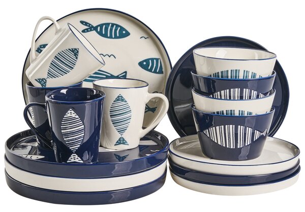 16-dielna sada jedálenského riadu biela a modrá porcelán reaktívna glazúra ručne vyrobený servis pre 4 osoby s motívom rýb