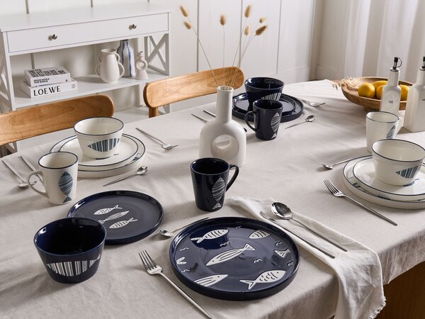 16-dielna sada jedálenského riadu biela a modrá porcelán reaktívna glazúra ručne vyrobený servis pre 4 osoby s motívom rýb