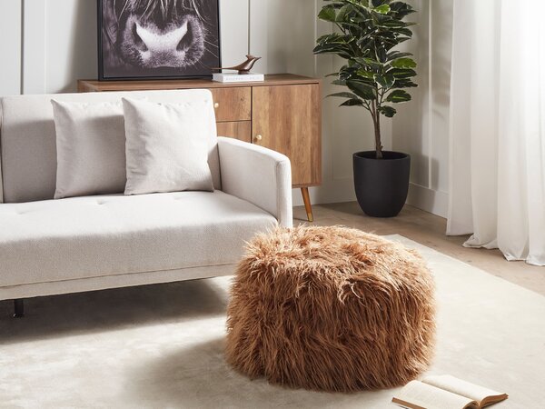 Taburetka hnedá umelá kožušina EPS polystyrénová výplň štvorcový puf na sedenie boho moderná podnožka
