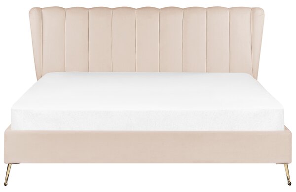 Posteľ béžová zamatové čalúnenie 180 x 200 cm zlaté kovové nohy prešívané čelo s USB portom moderný glamour štýl spálňa