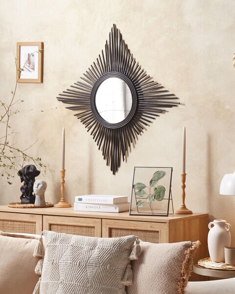 Nástenné zrkadlo čierne ratanové 60 x 60 cm okrúhle tvar diamantu s montážnymi háčikmi obývacia izba spálňa
