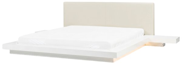 Posteľ v japonskom štýle biela 180 x 200 cm nízky drevený rám postele z MDF koženkové čelo LED podsvietenie nočné stolíky