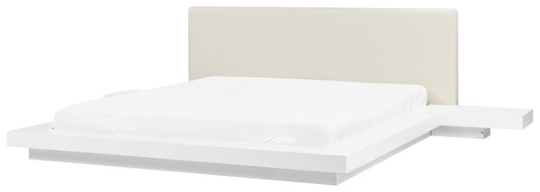 Posteľ v japonskom štýle biela 180 x 200 cm nízky drevený rám postele z MDF koženkové čelo LED podsvietenie nočné stolíky